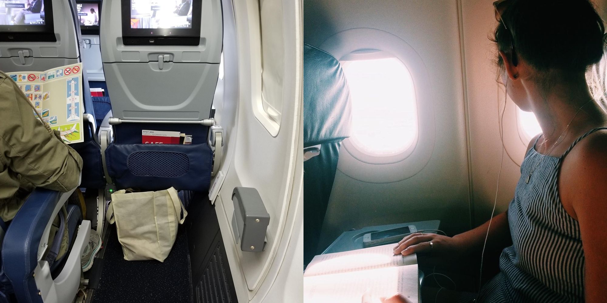 assentos no avião e menina sentada no avião usando fones de ouvido lendo um livro