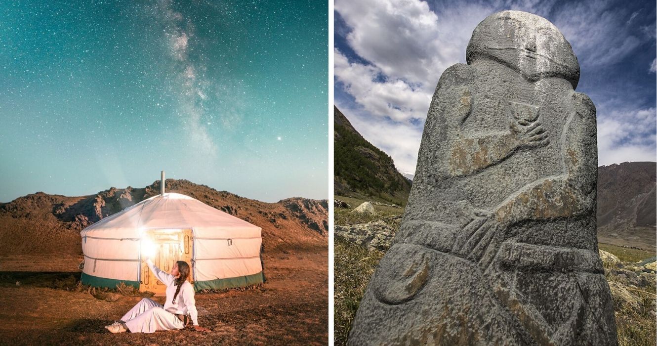 Experiências de viagem únicas que você só pode ter na Mongólia 1 uma garota fica do lado de fora de uma iurta na mongólia, uma antiga estátua mongol