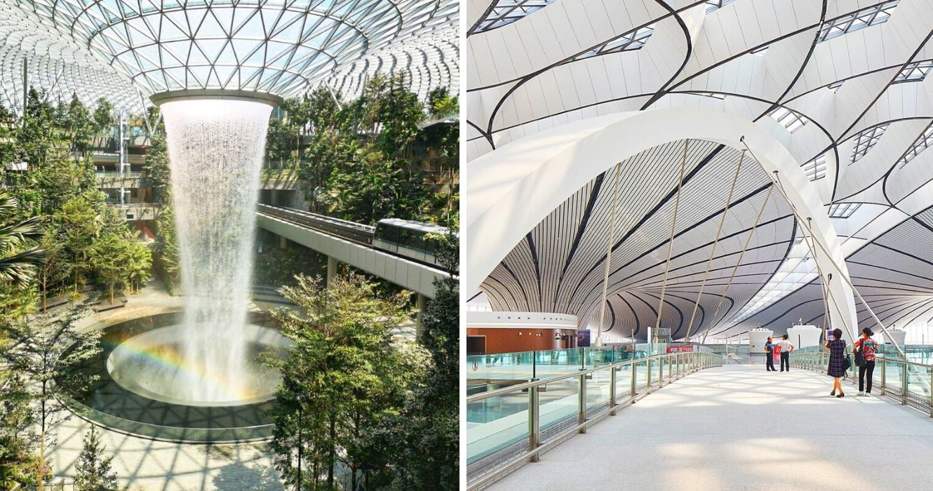 Vale a pena viajar para esses destinos (apenas para visitar os aeroportos impressionantes) 1 um arco-íris sobre a cachoeira no Aeroporto Internacional Changi de Cingapura, a construção 'estrela do mar' do Aeroporto Internacional Daxing de Pequim