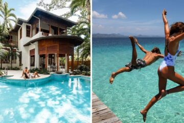 a couple sits by the pool at a resort in jamaica, two kids jump off the dock into the ocean on vacation