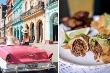 friends drive through havana in a vintage car, an authentic cuban treat, the empanada