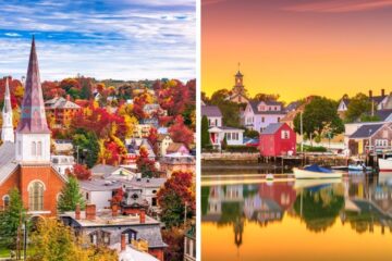 an aerial view of a town in vermont, the coast of portsmouth, new hampshire