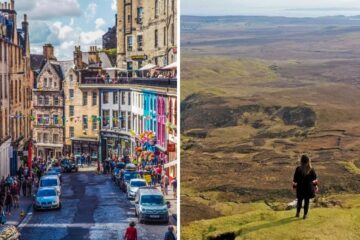 a street in edinburgh, the highlands in scotland