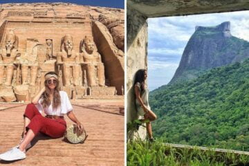 a girl takes a photo in front of a pyramid in egypt, a girl takes a photo in rio de jeneiro, brazil